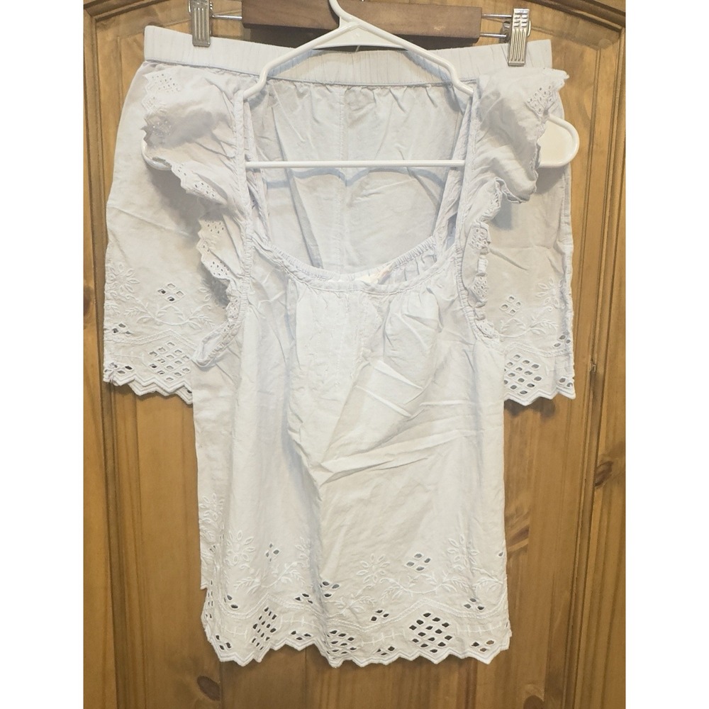 Shabby Chic 2PC Set M‎ White Eyelet Ruffle Top Shorts Pajama Lounge Cottagecore